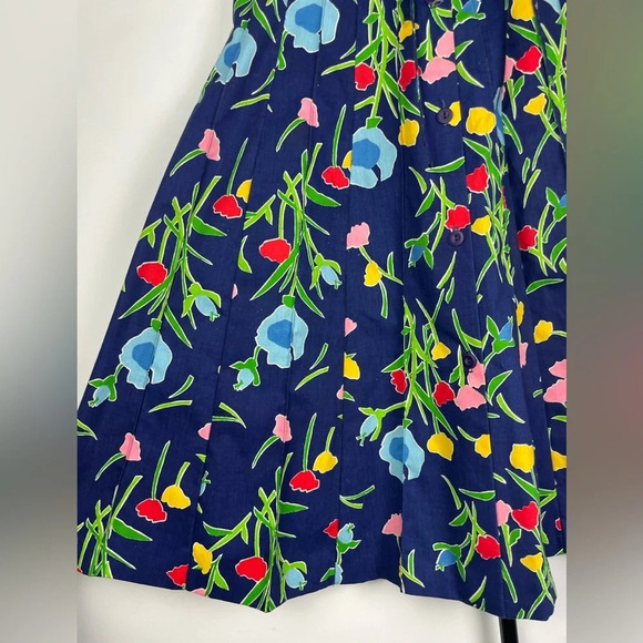 Vintage Sanibel Sport Blue Tulip Floral Button Up Pleated A-Line Skirt - Picture 2 of 7